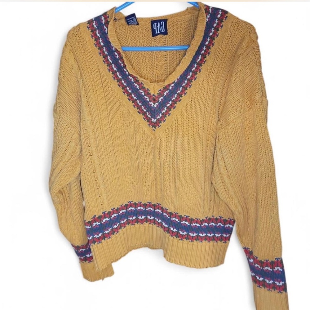 GAP Yellow and Blue V-Neck Sweater with Geometric Trim